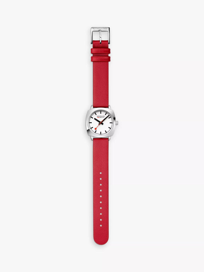 Mondaine Petite Cushion watch 31mm red vegan leather strap, imported from the UK