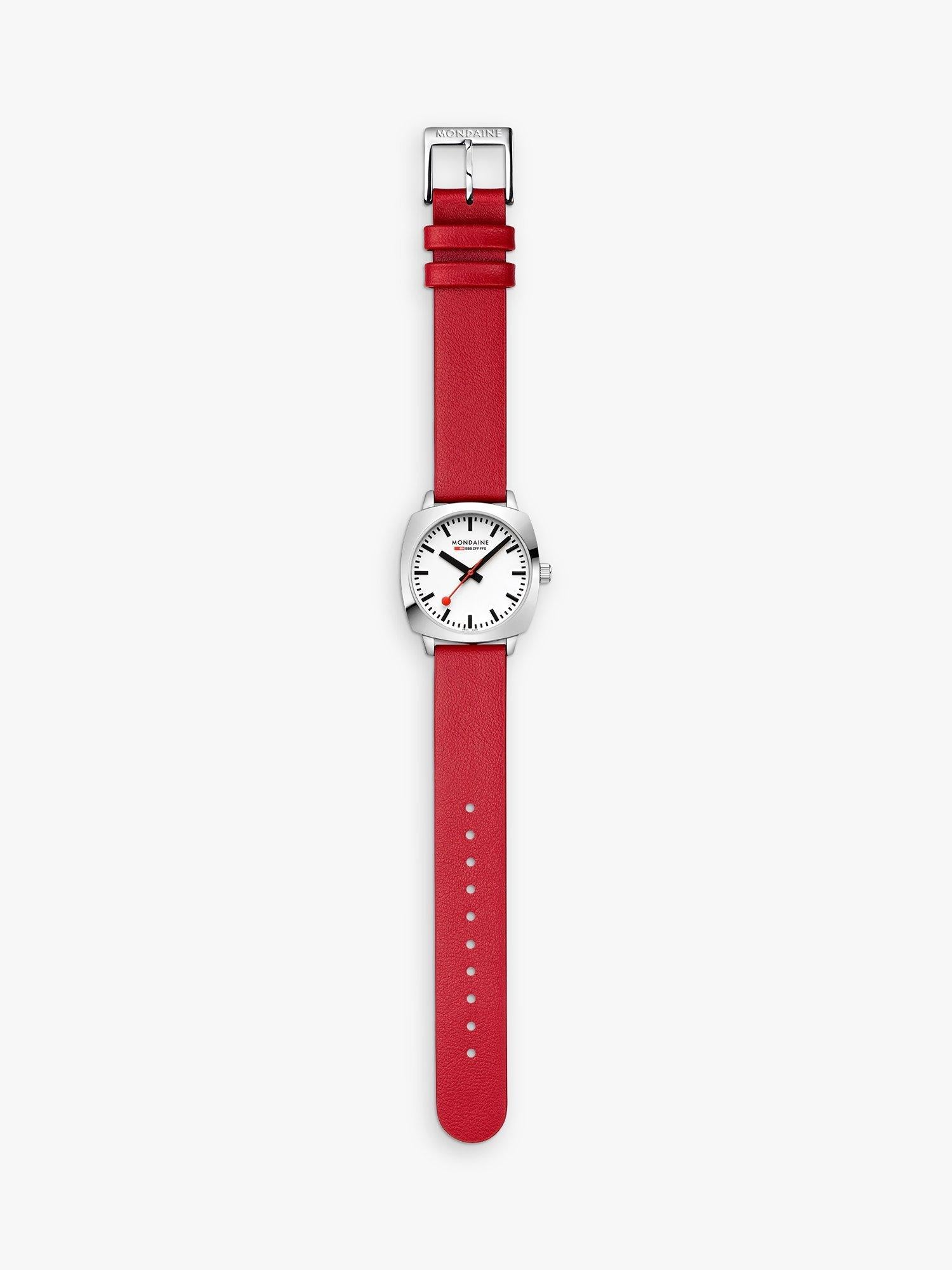 Mondaine Petite Cushion watch 31mm red vegan leather strap, imported from the UK