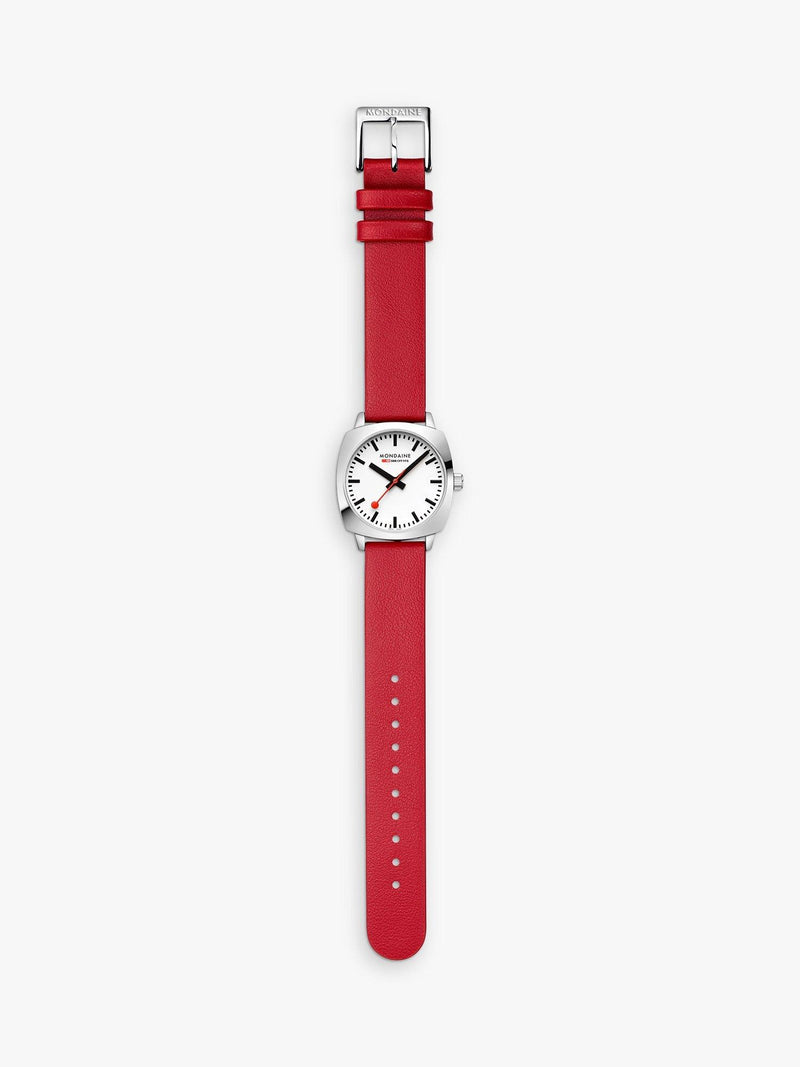 Mondaine Petite Cushion watch 31mm red vegan leather strap, imported from the UK