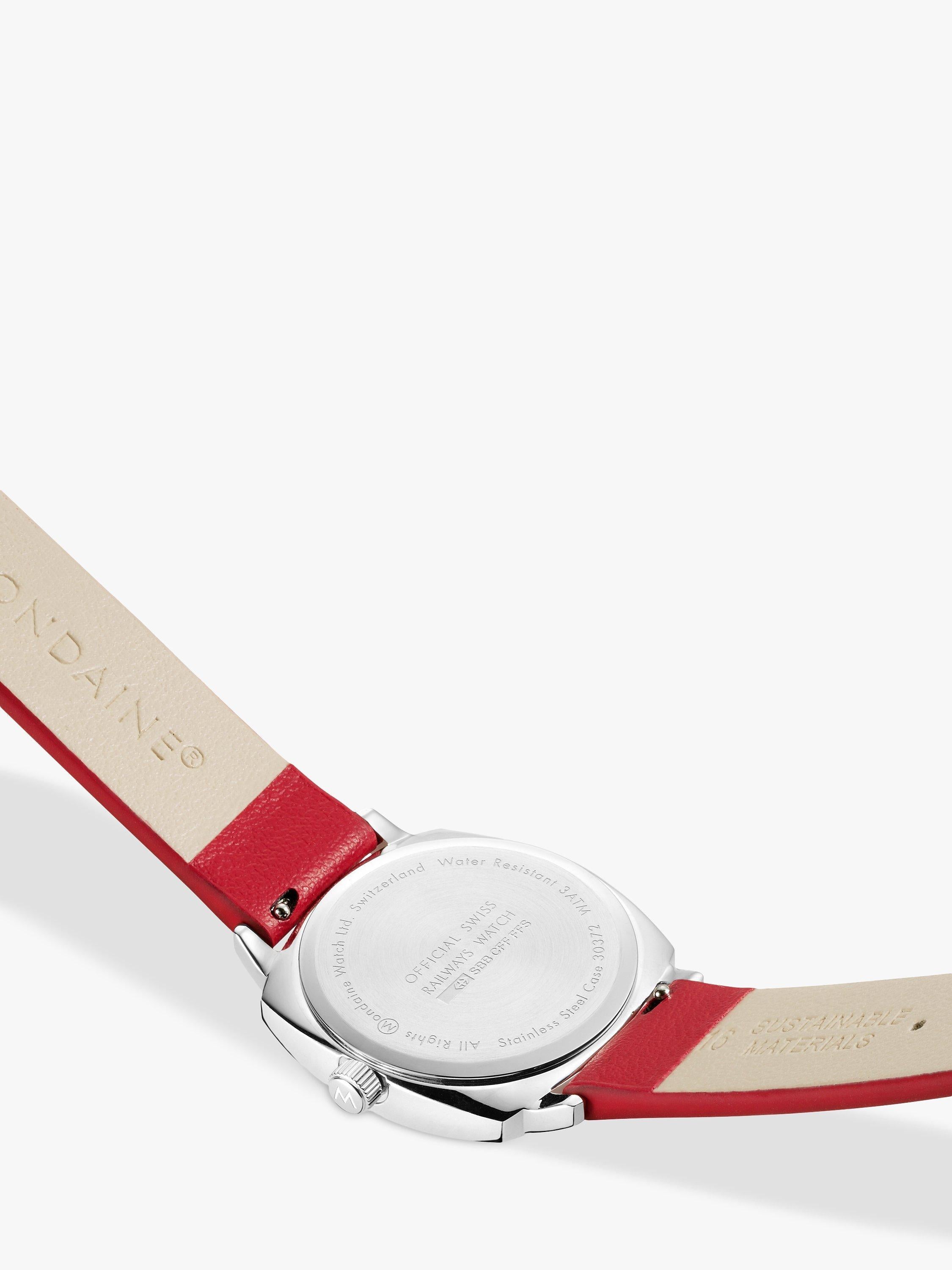 Mondaine Petite Cushion watch 31mm red vegan leather strap, imported from the UK