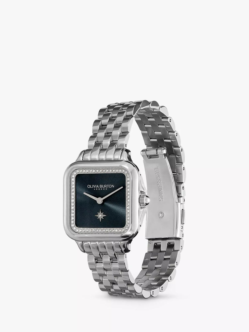 Olivia Burton Grosvenor Square watch with sunray dial and crystal bracelet strap (British brand)