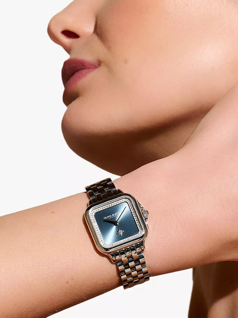 Olivia Burton Grosvenor Square watch with sunray dial and crystal bracelet strap (British brand)