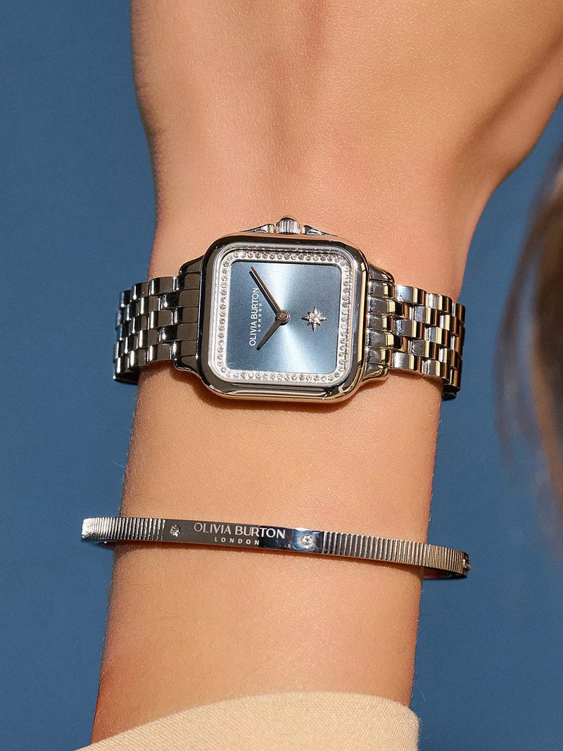 Olivia Burton Grosvenor Square watch with sunray dial and crystal bracelet strap (British brand)