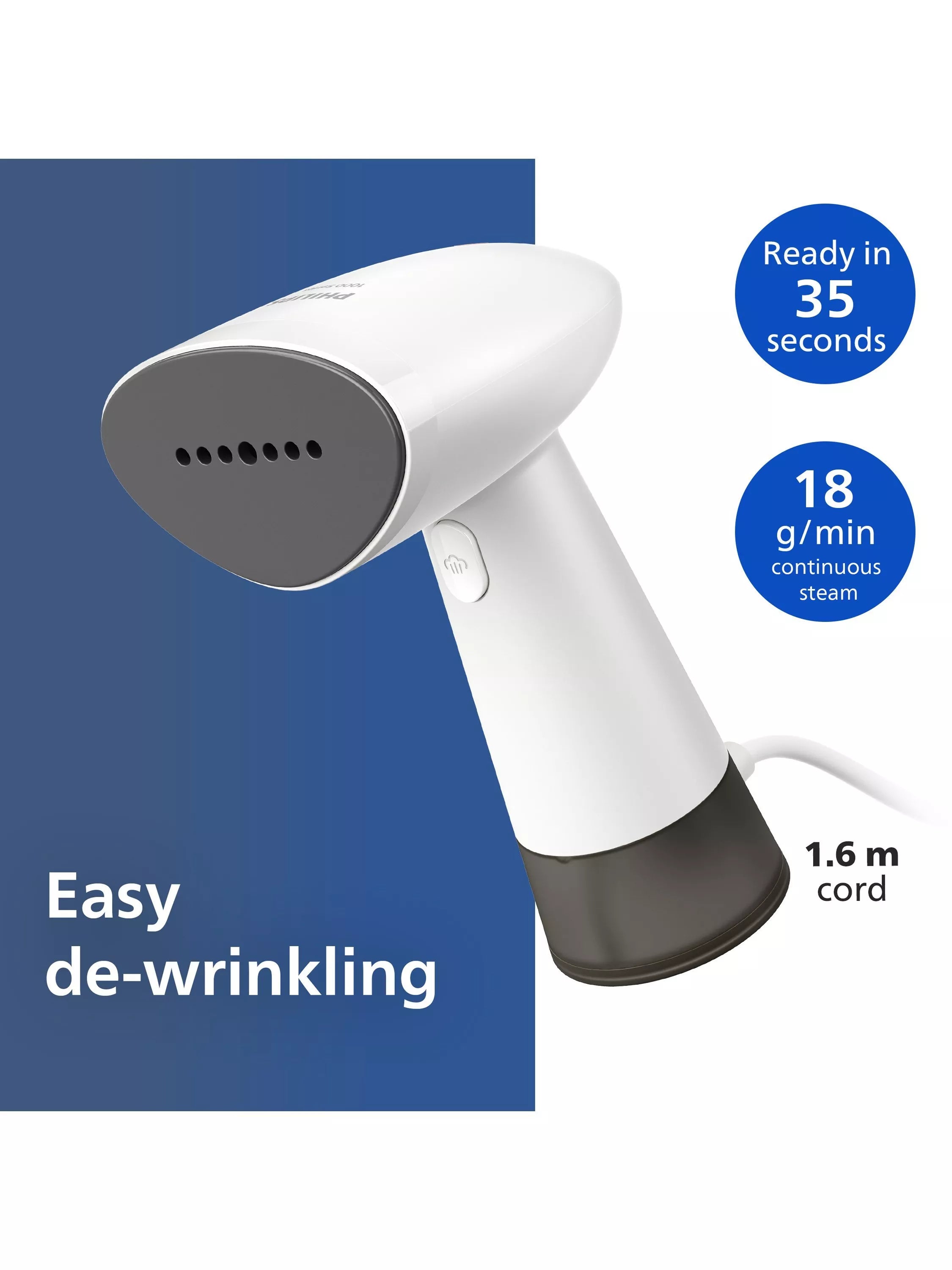 Philips 1000 Series handheld clothes steamer white grey, UK version