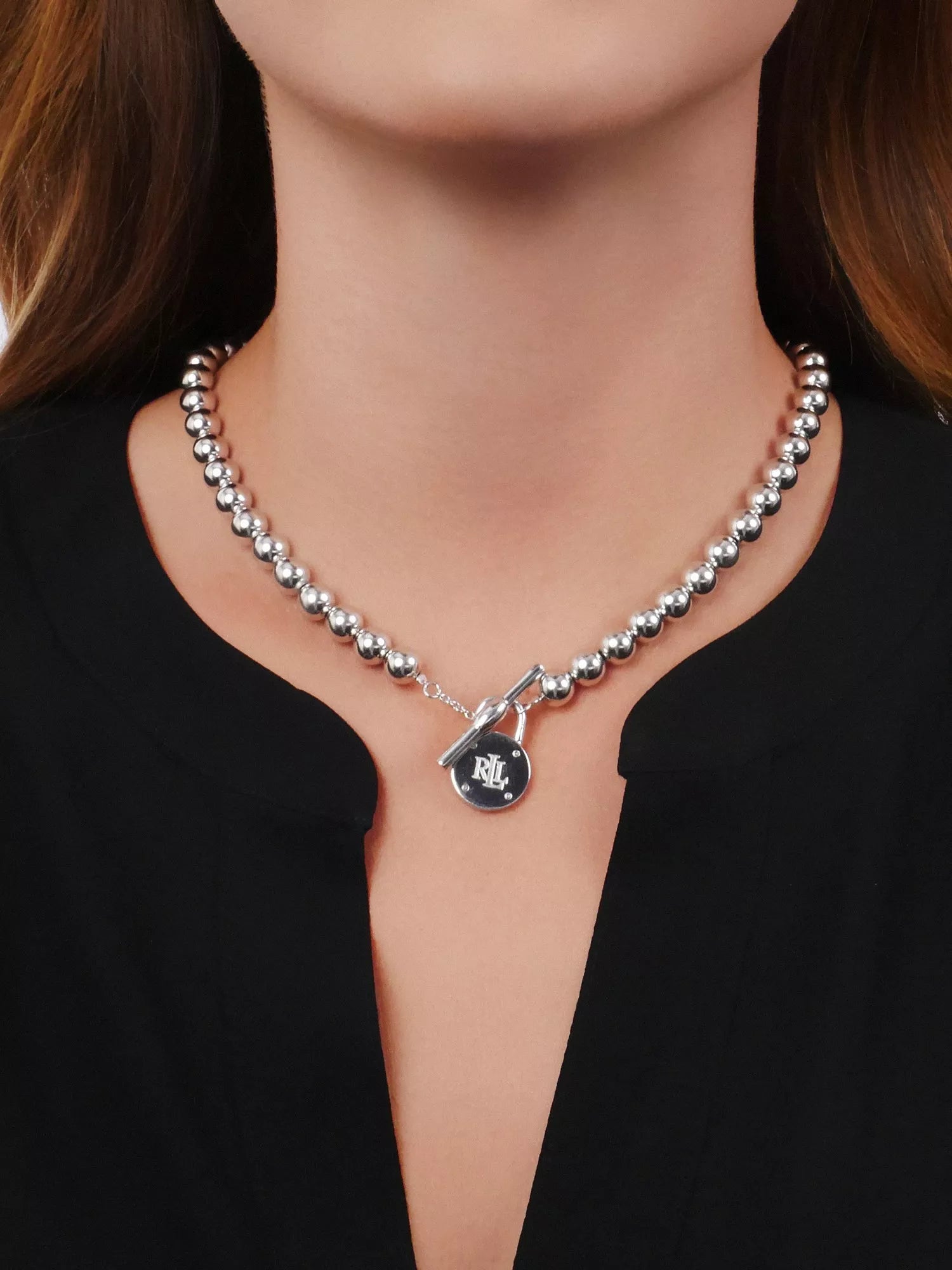 Lauren Ralph Lauren sterling silver beaded T-bar necklace 43cm, UK version