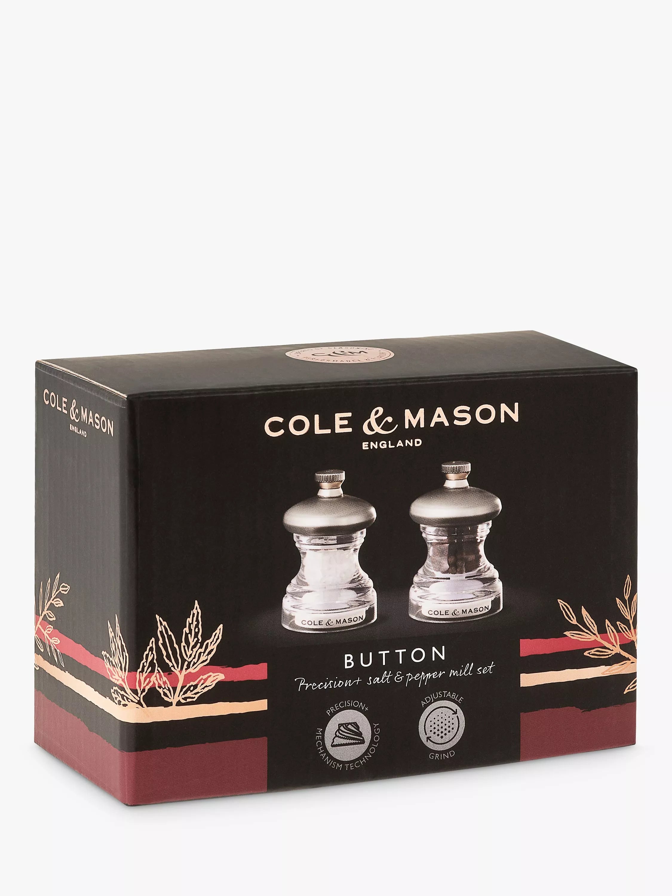 Cole & Mason Button Precision+ salt pepper mills, imported from the UK