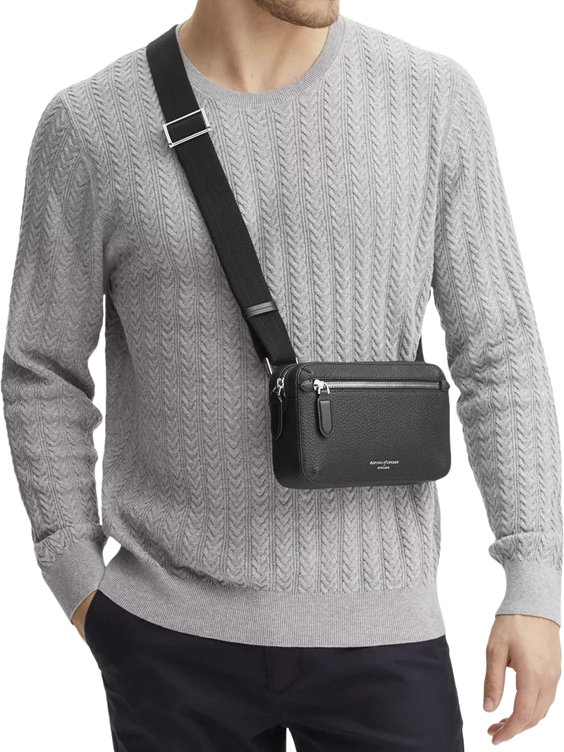 Aspinal of London compact pebble leather cross body bag, black (British brand)