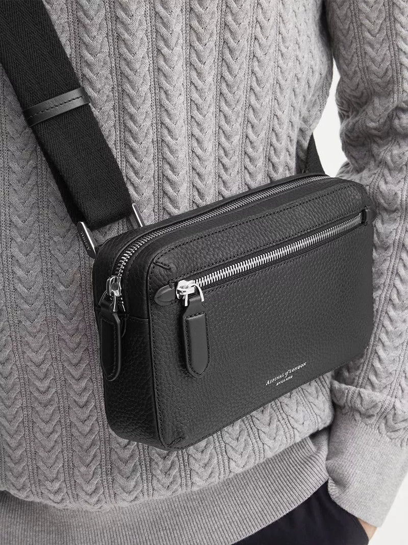Aspinal of London compact pebble leather cross body bag, black (British brand)