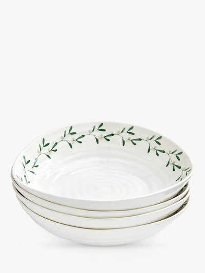 John Lewis Sophie Conran for Portmeirion Mistletoe Porcelain Pasta Bowl Set of 4 (White/Green, 23.5cm)- Buy online at McGrocer