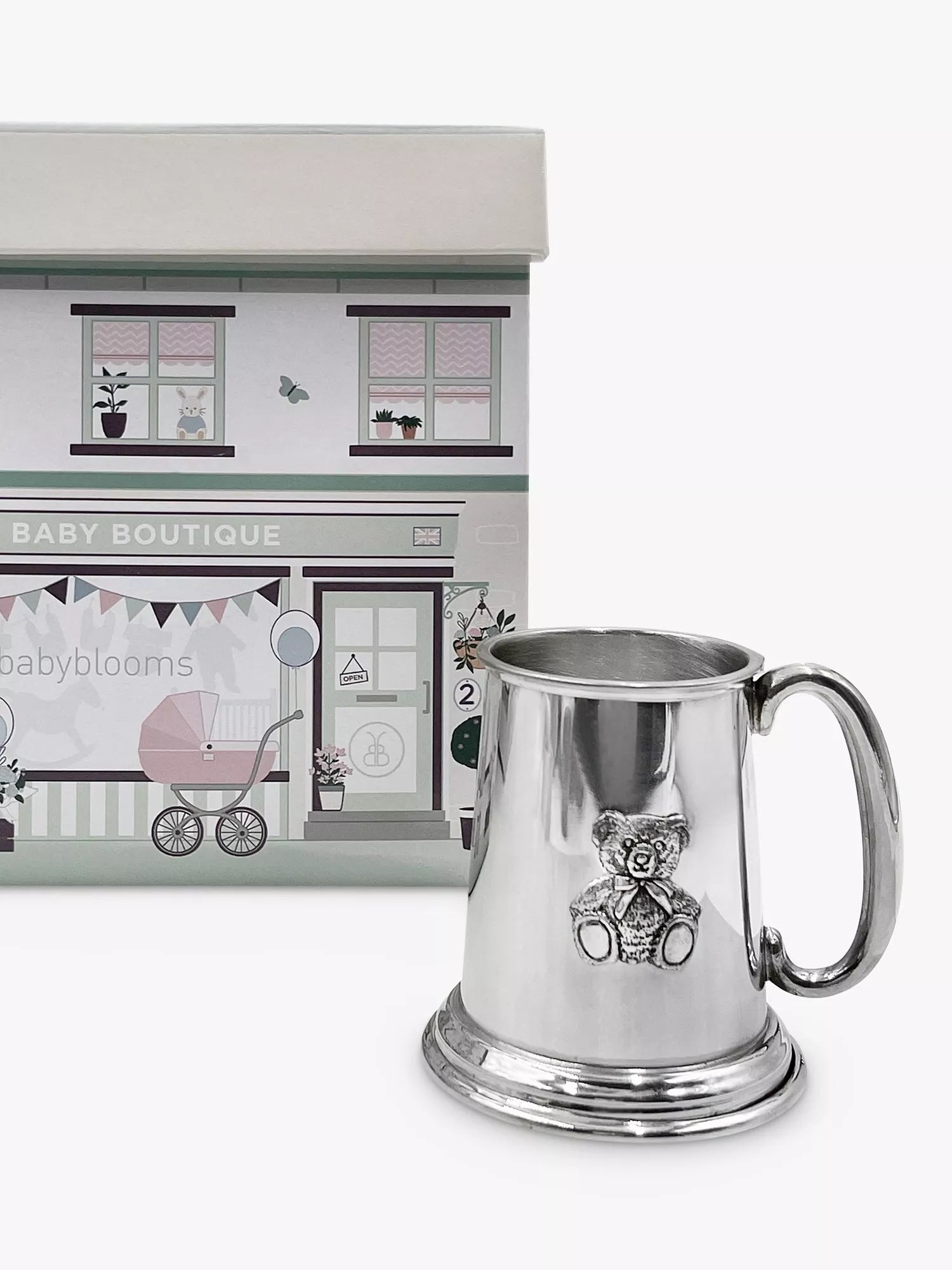 Babyblooms silver Christening pewter tankard with teddy bear motif - British product