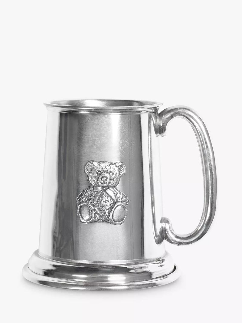 Babyblooms silver Christening pewter tankard with teddy bear motif - British product