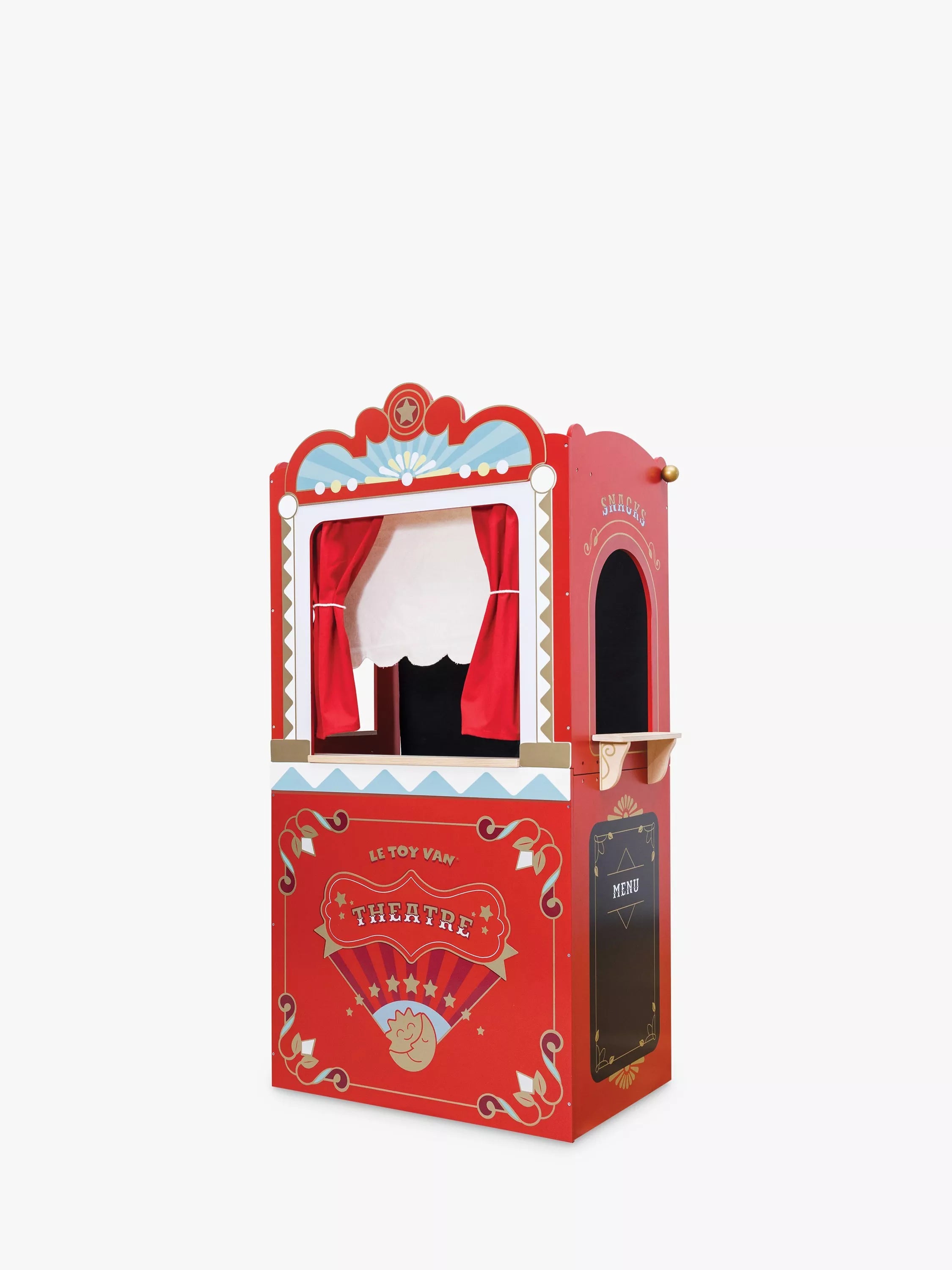 Le Toy Van wooden puppet theatre with stage curtains and scenario windows, UK version