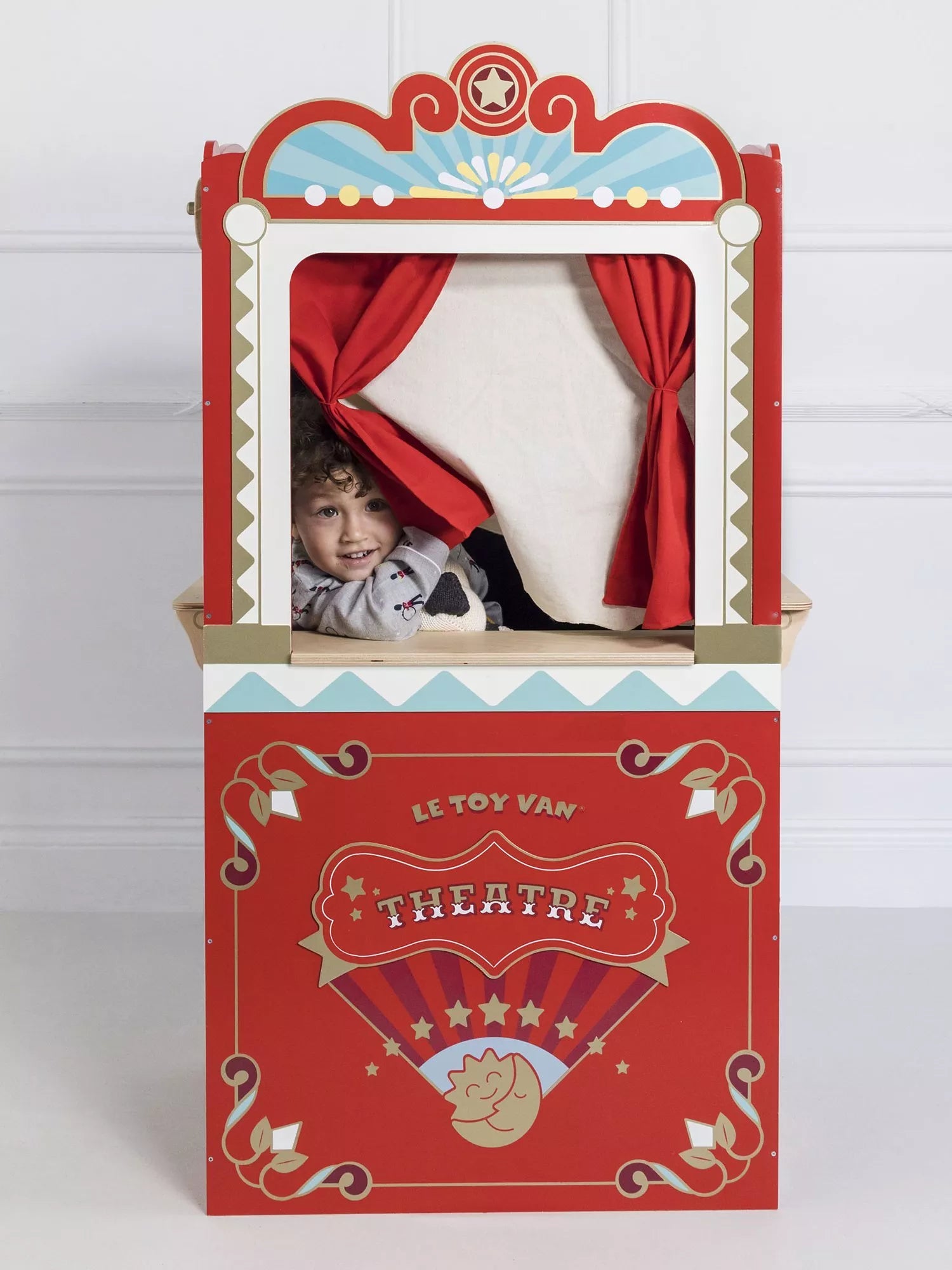 Le Toy Van wooden puppet theatre with stage curtains and scenario windows, UK version