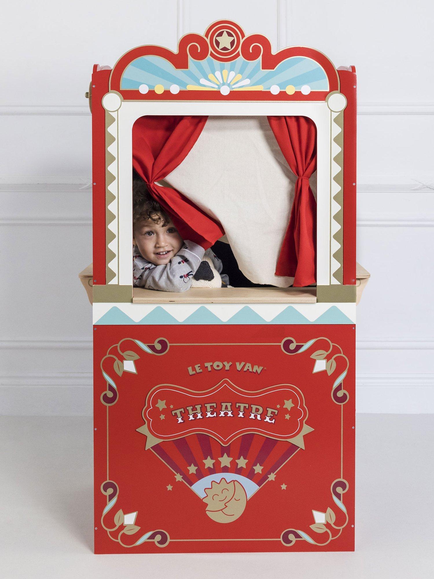Le Toy Van wooden puppet theatre with stage curtains and scenario windows, UK version