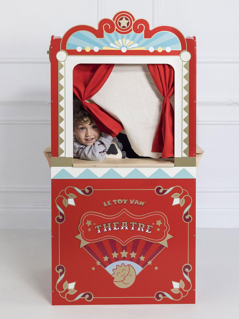 Le Toy Van wooden puppet theatre with stage curtains and scenario windows, UK version