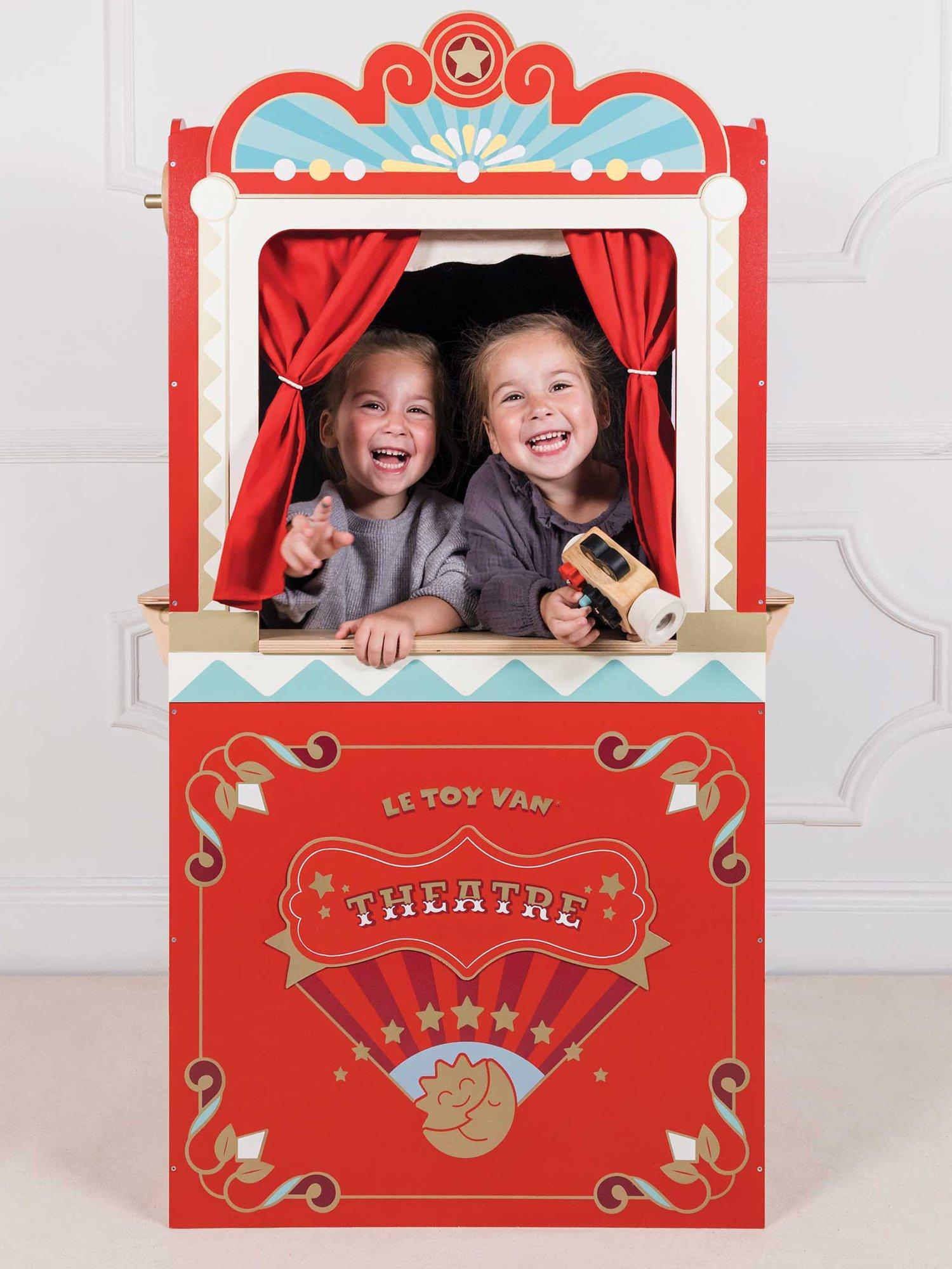 Le Toy Van wooden puppet theatre with stage curtains and scenario windows, UK version