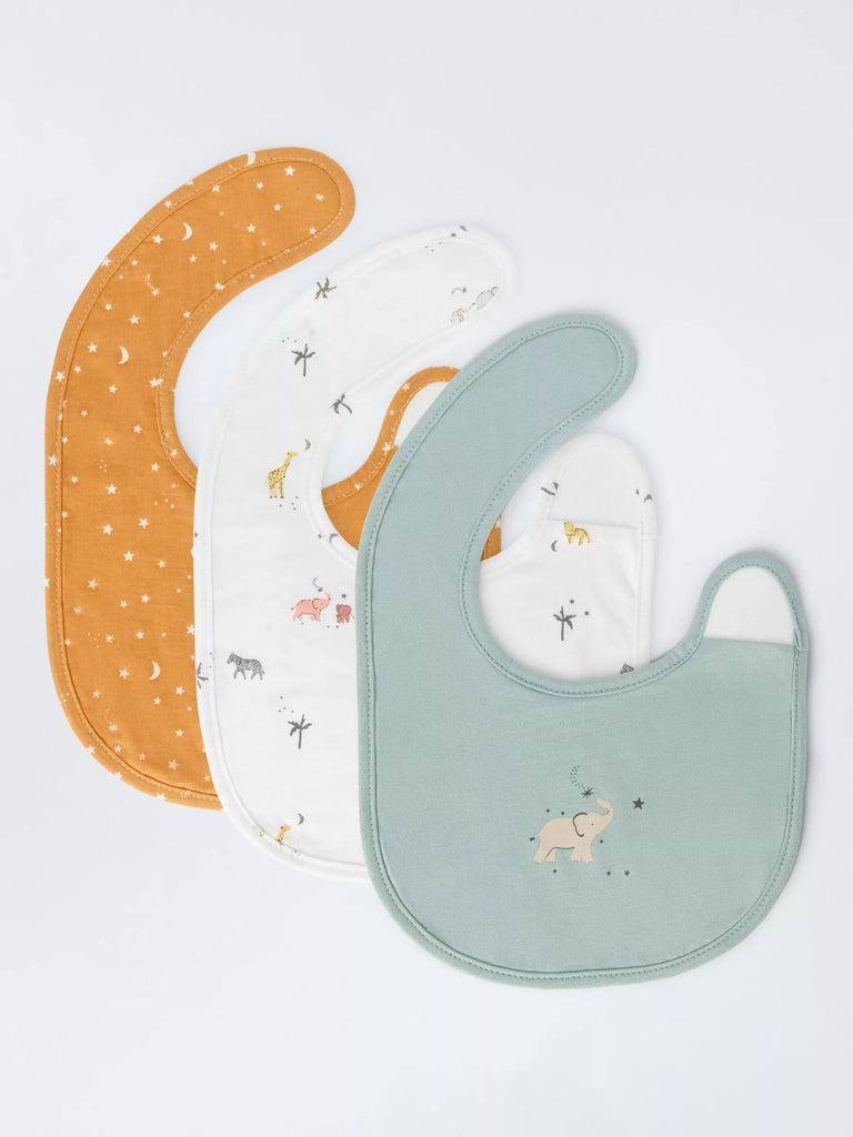 John Lewis Safari & Star Print Round Baby Bib, Pack of 3, Multi