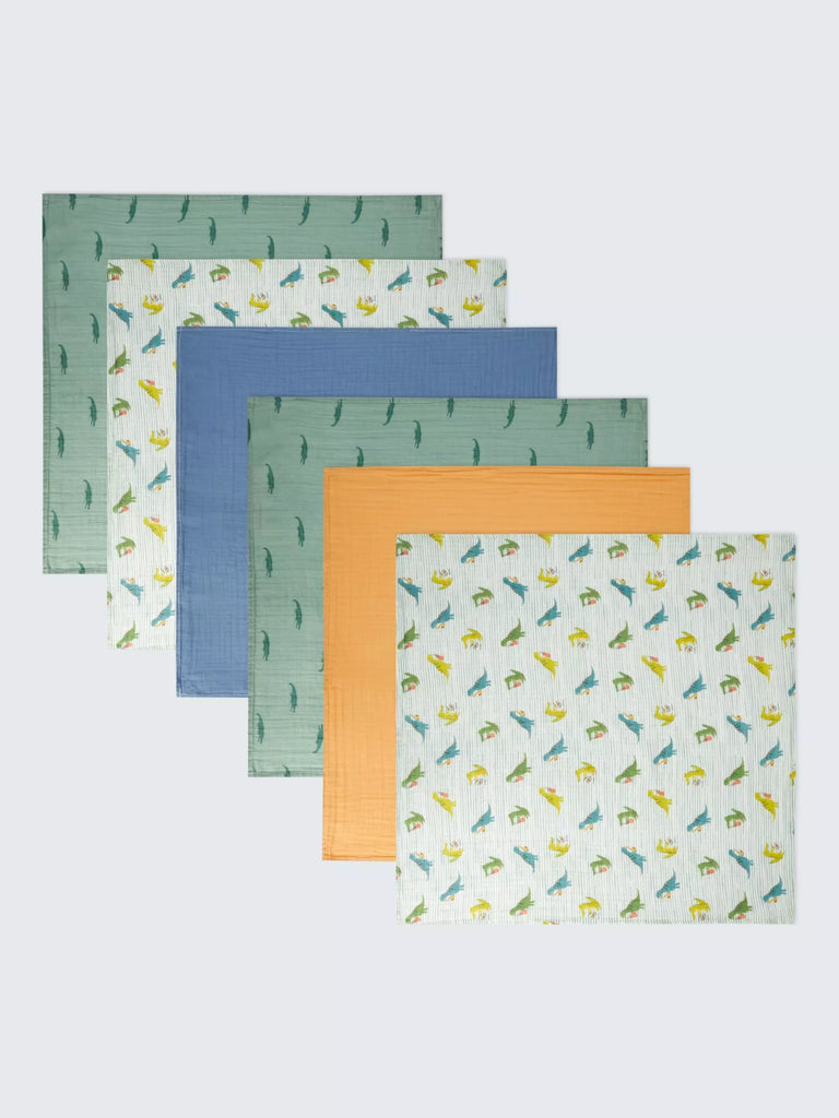 John Lewis Crocodile & Dinosaur Muslin Squares, Pack of 6, Multi