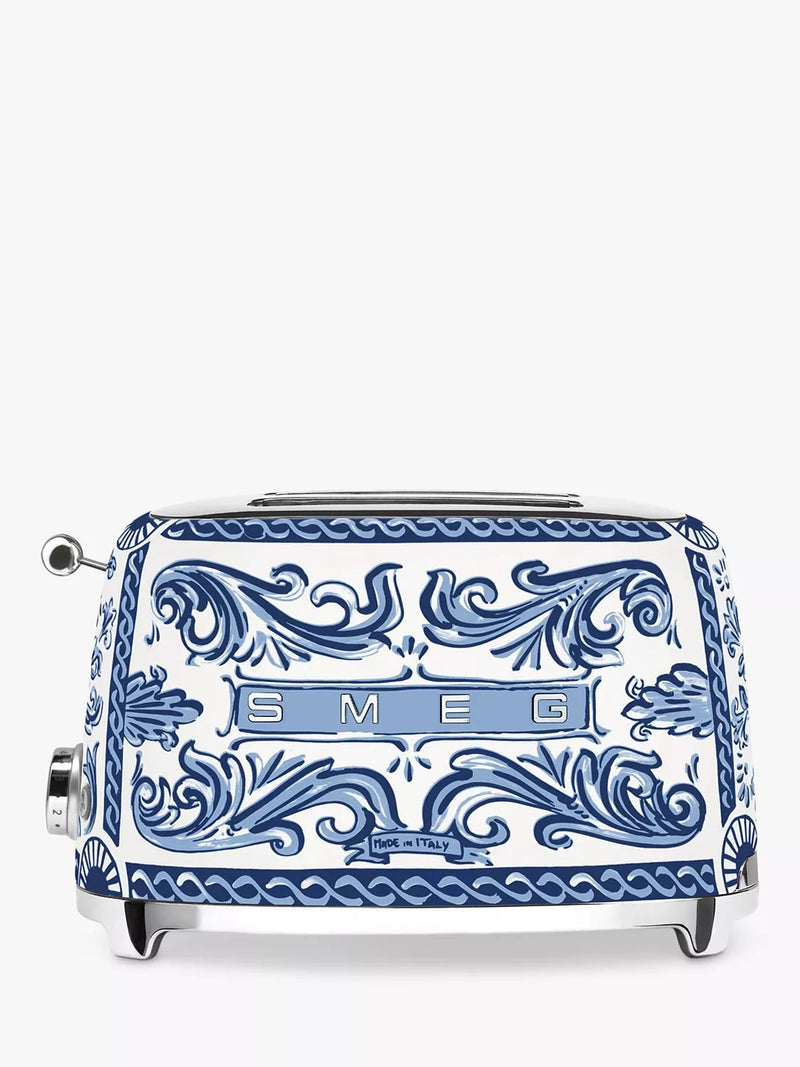 Smeg blue and white two-slot toaster with Mediterraneo design (British brand)