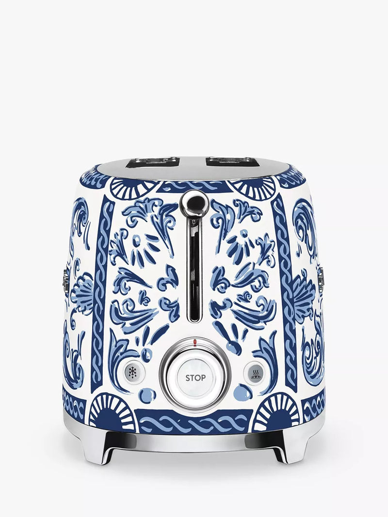 Smeg blue and white two-slot toaster with Mediterraneo design (British brand)
