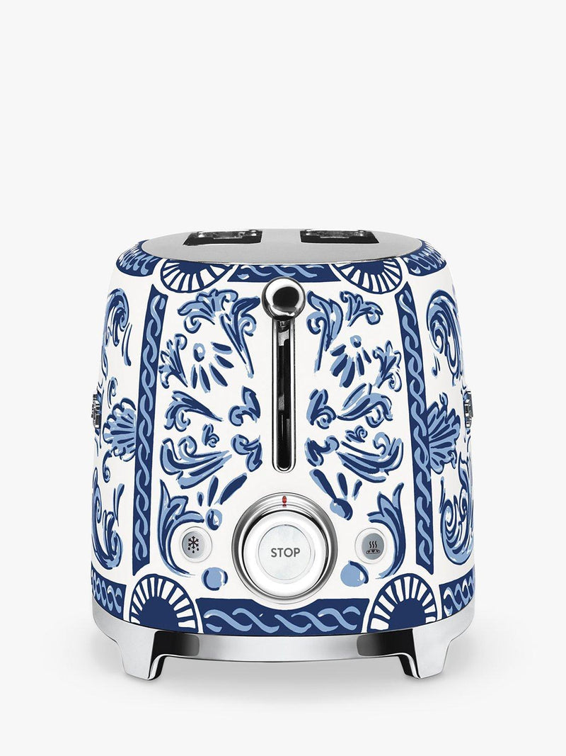 Smeg blue and white two-slot toaster with Mediterraneo design (British brand)