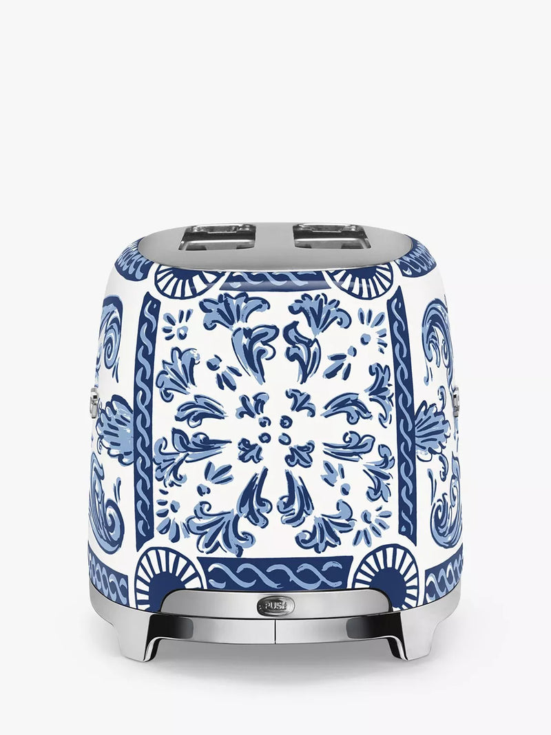 Smeg blue and white two-slot toaster with Mediterraneo design (British brand)
