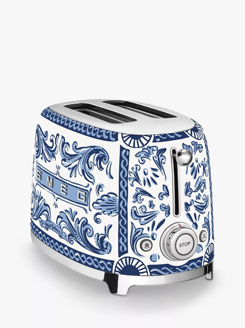 Smeg blue and white two-slot toaster with Mediterraneo design (British brand)