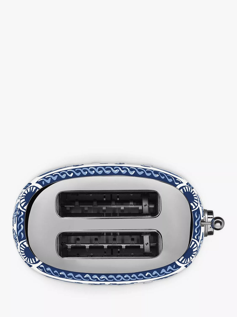 Smeg blue and white two-slot toaster with Mediterraneo design (British brand)