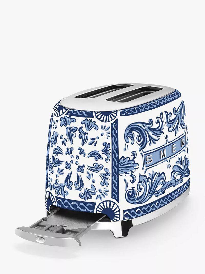 Smeg blue and white two-slot toaster with Mediterraneo design (British brand)
