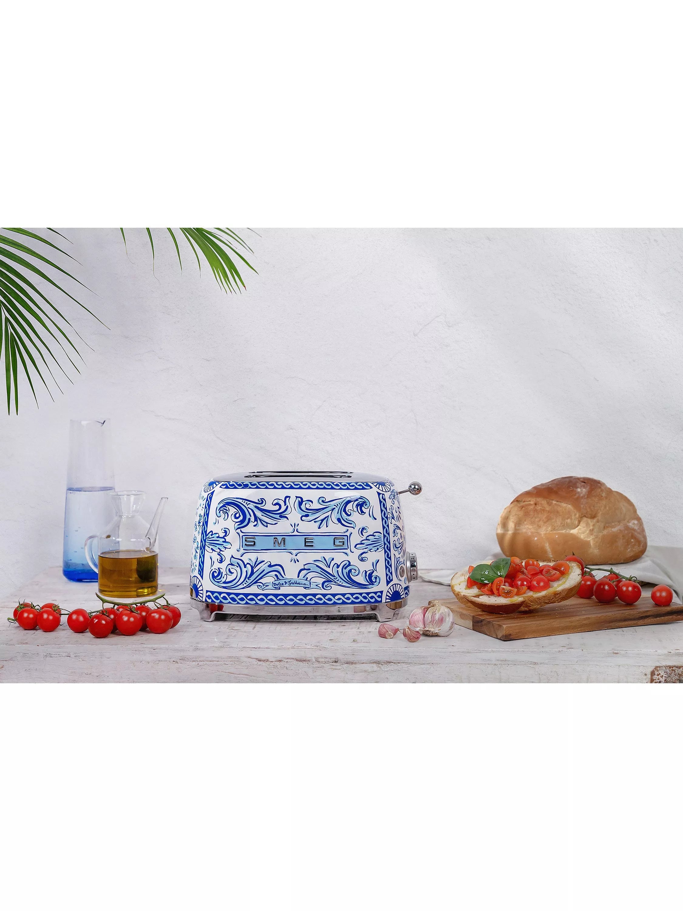 Smeg blue and white two-slot toaster with Mediterraneo design (British brand)