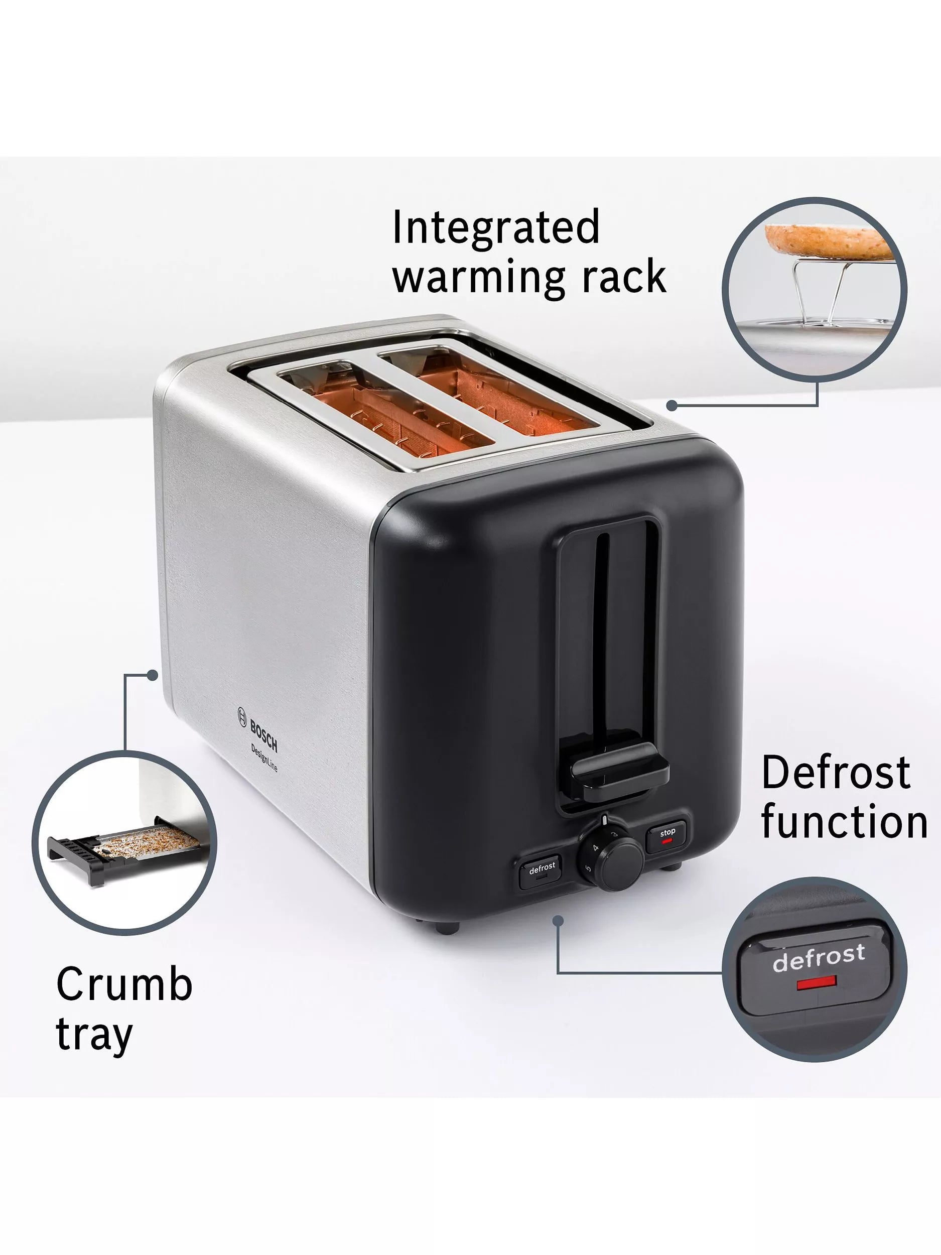 Bosch DesignLine 2 slice stainless steel toaster - British product