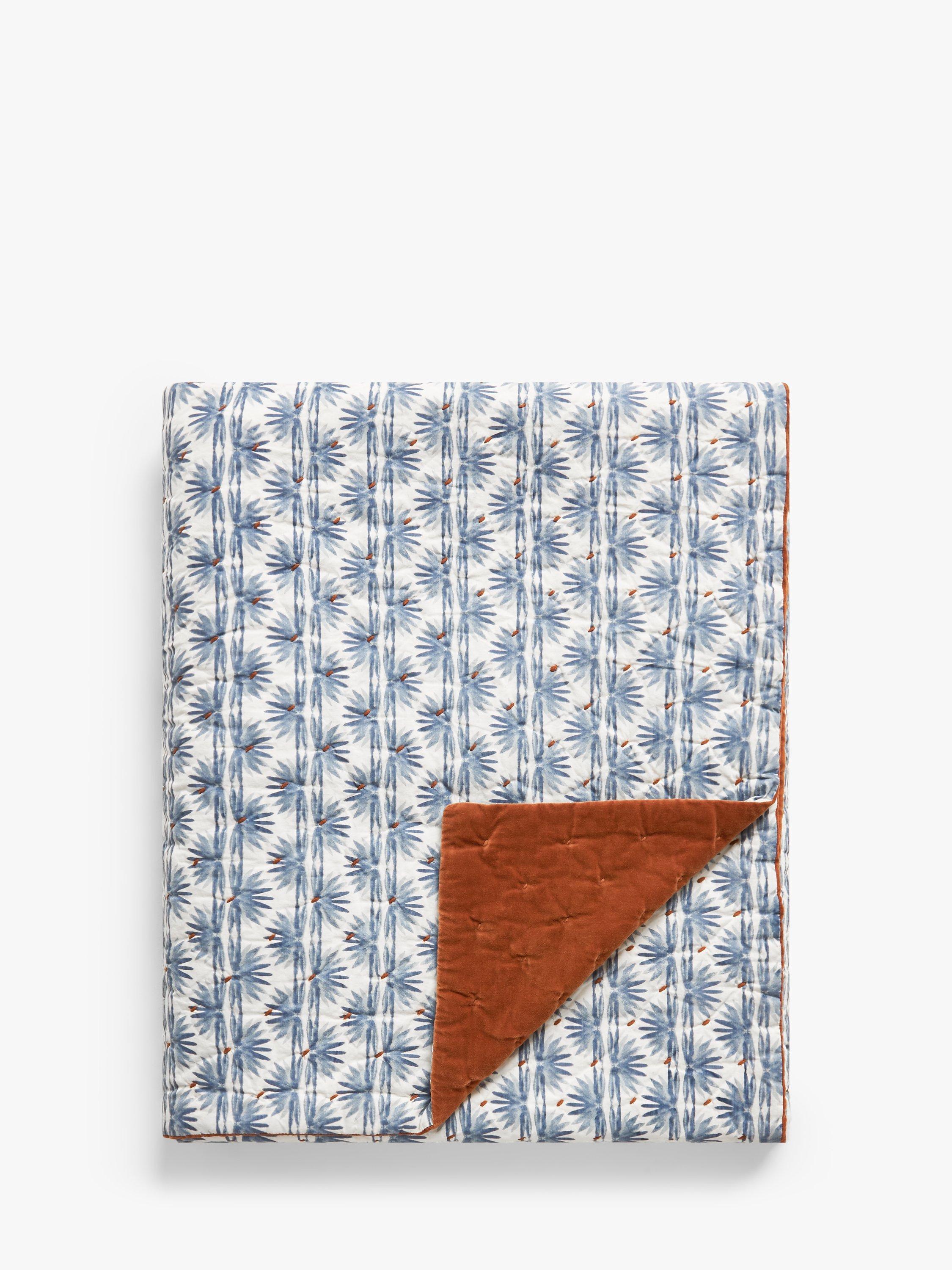 John Lewis reversible quilted cotton velvet bedspread with floral print rust blue, UK version