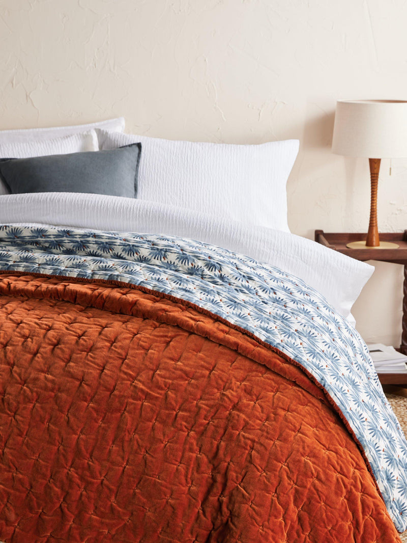John Lewis reversible quilted cotton velvet bedspread with floral print rust blue, UK version