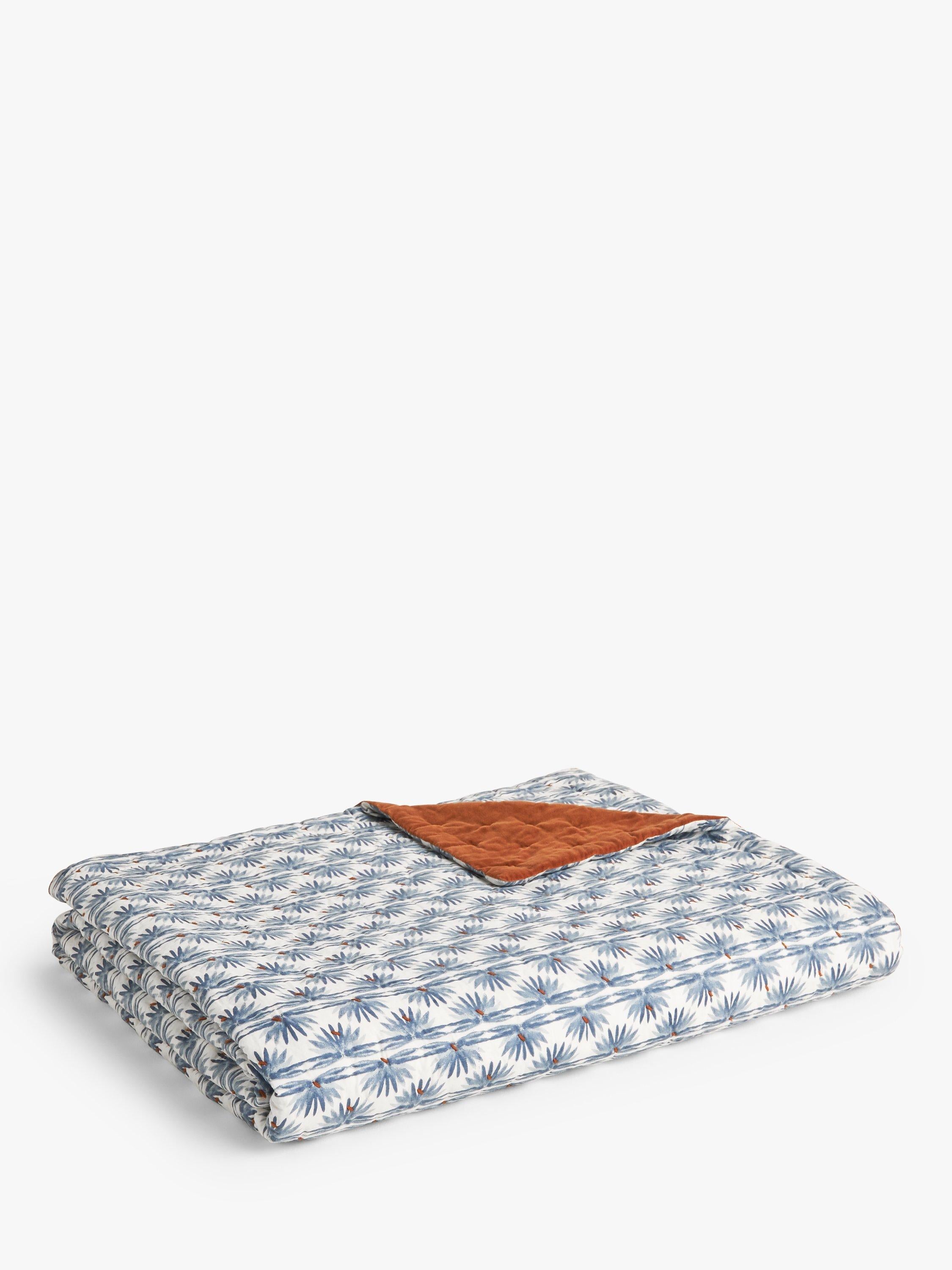 John Lewis reversible quilted cotton velvet bedspread with floral print rust blue, UK version