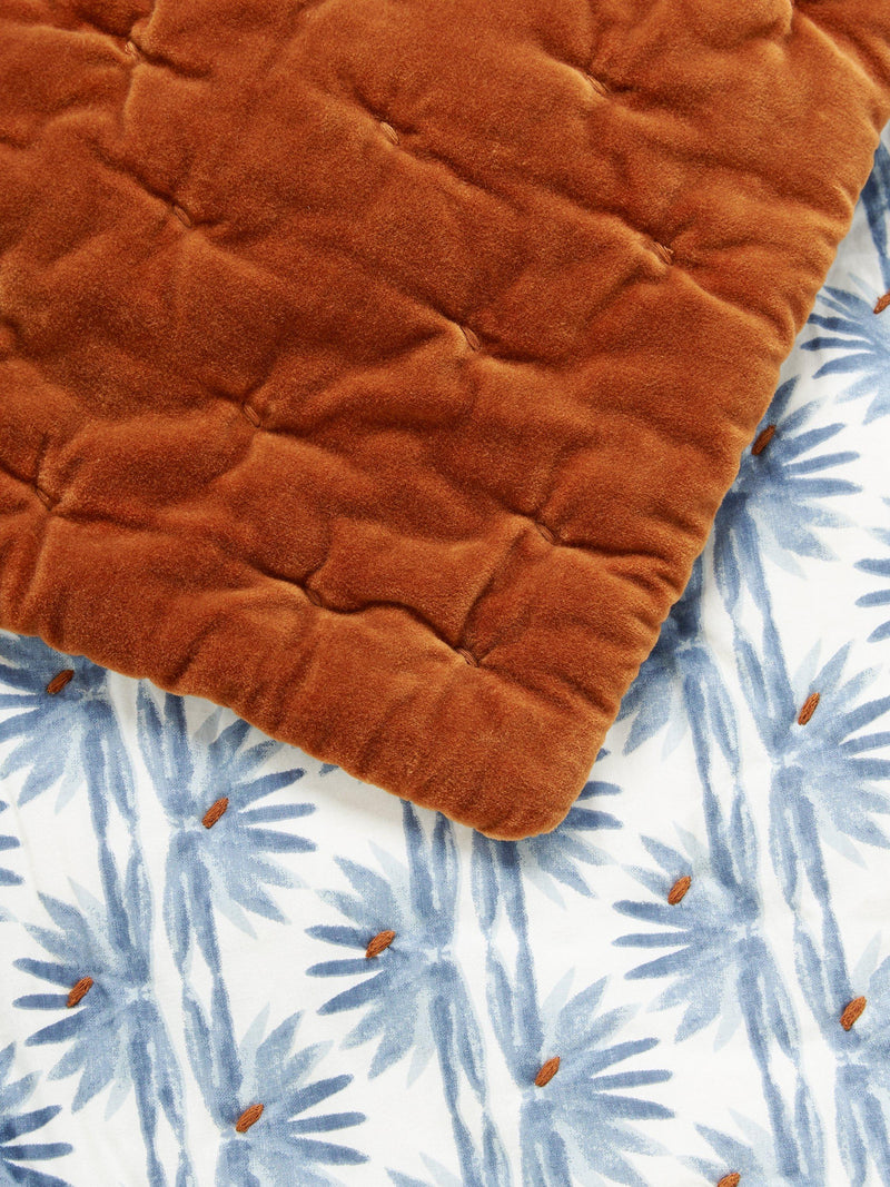 John Lewis reversible quilted cotton velvet bedspread with floral print rust blue, UK version