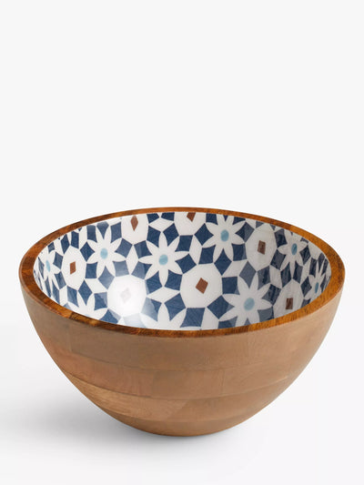John Lewis Mango Wood Salad Bowl with Enamelled Lisbon Tile Design, 24cm, Natural/Blue- Buy online at McGrocer