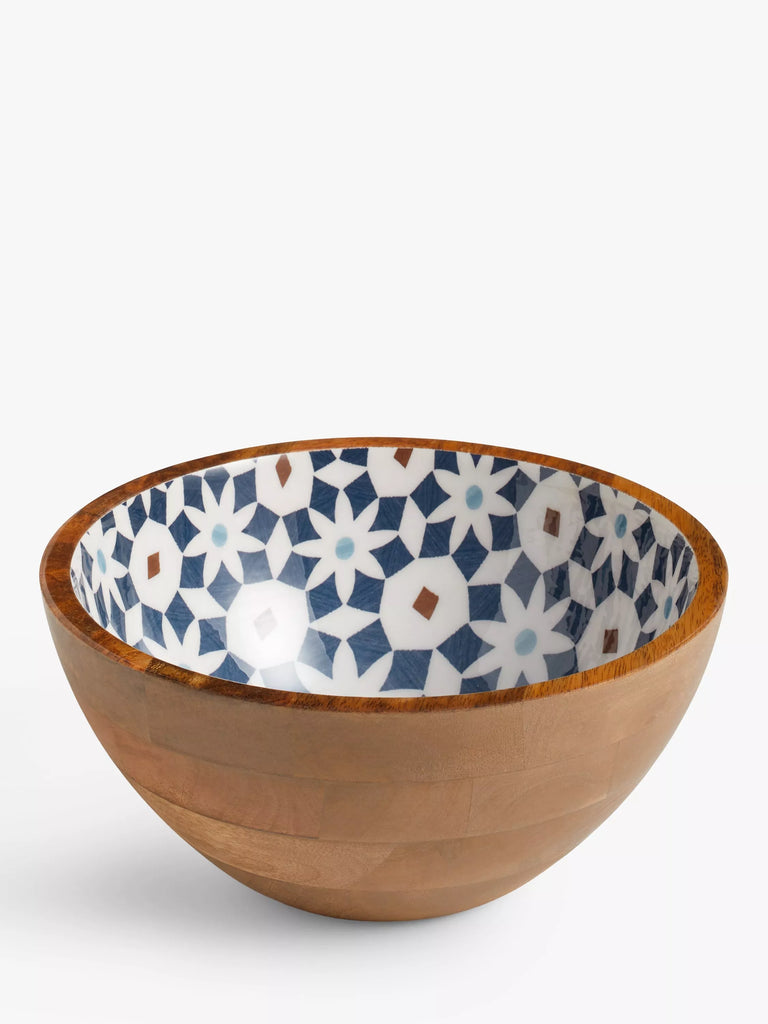 John Lewis Lisbon Tile Salad Bowl, 24cm, FSC-Certified (Mango Wood), Natural/Blue