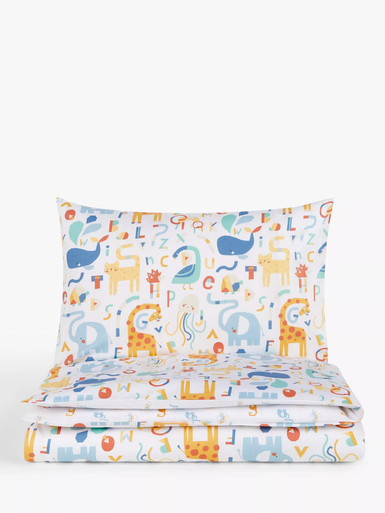 John Lewis Alphabet Animals Reversible Toddler Pure Cotton Duvet Cover and Pillowcase Set, Multi