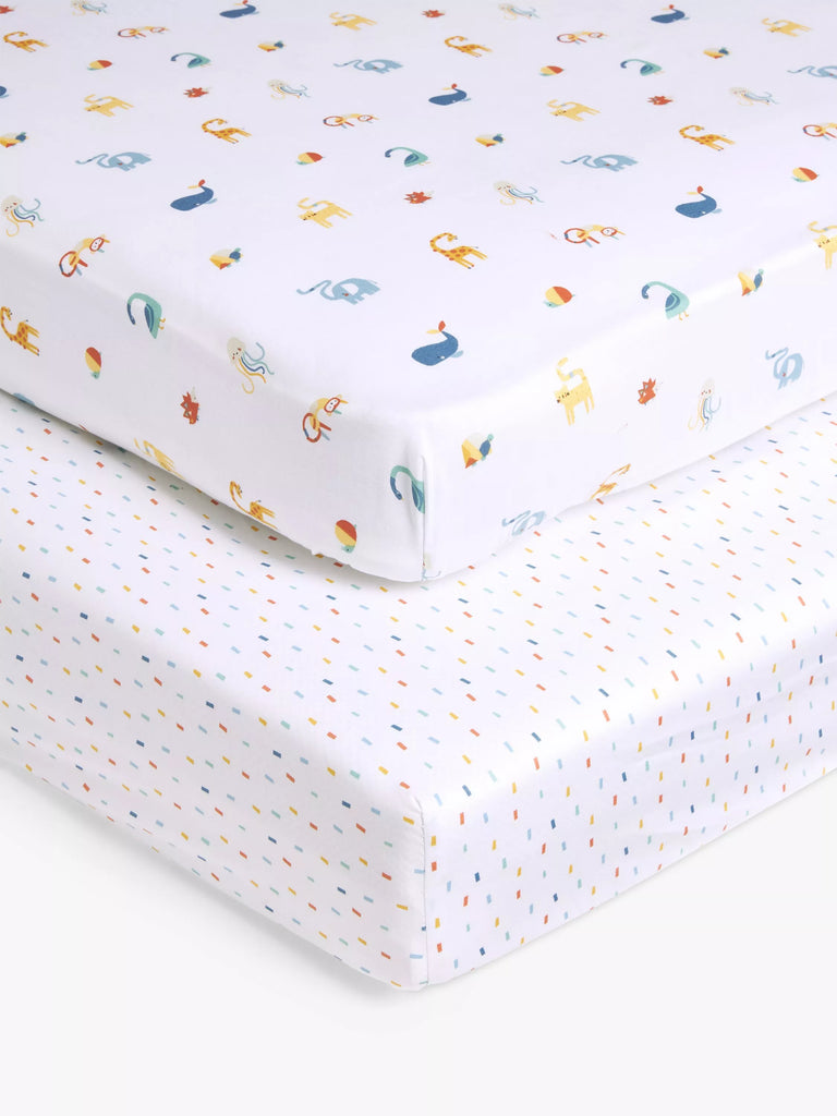 John Lewis Alphabet Animals Cotton Fitted Baby Sheet, Pack of 2, Multi