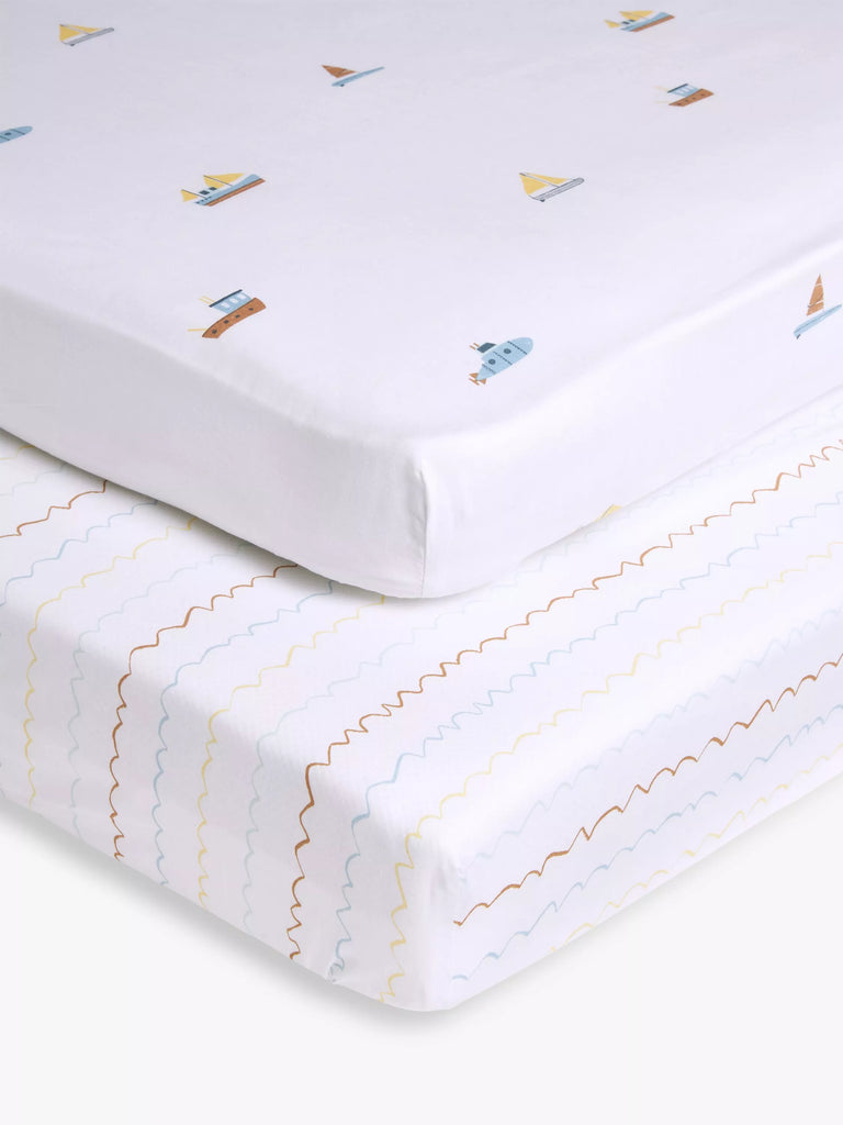 John Lewis Sail Away Cotton Fitted Baby Sheet, Pack of 2, Multi