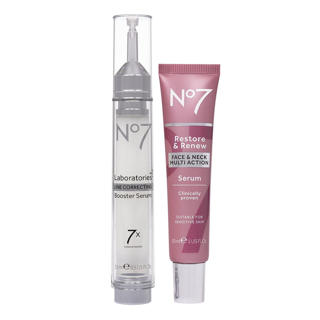 No7 LABORATORIES Line Correcting Booster Serum & Restore & Renew FACE & NECK MULTI ACTION Serum 30ml Bundle