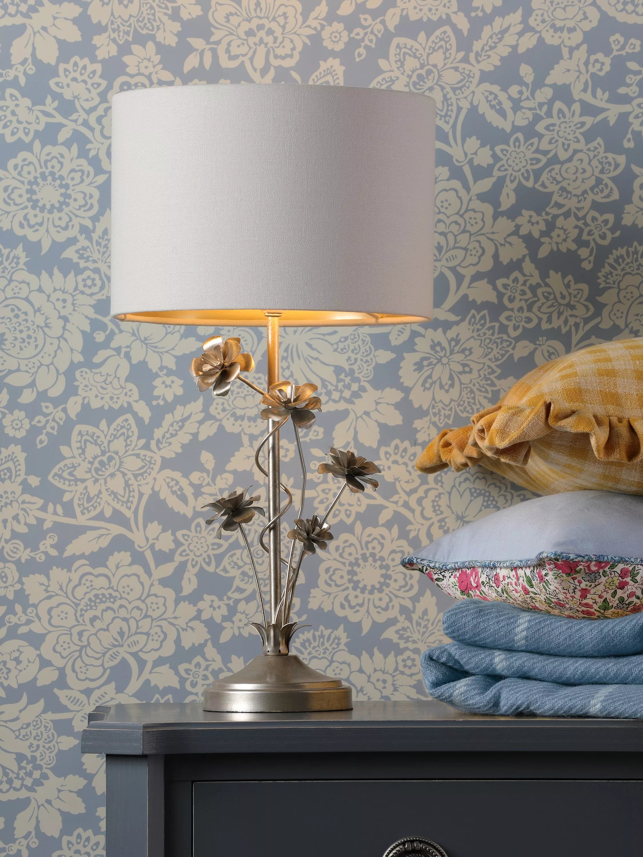 Laura Ashley Lyndale silver table lamp with drum shade, imported from the UK