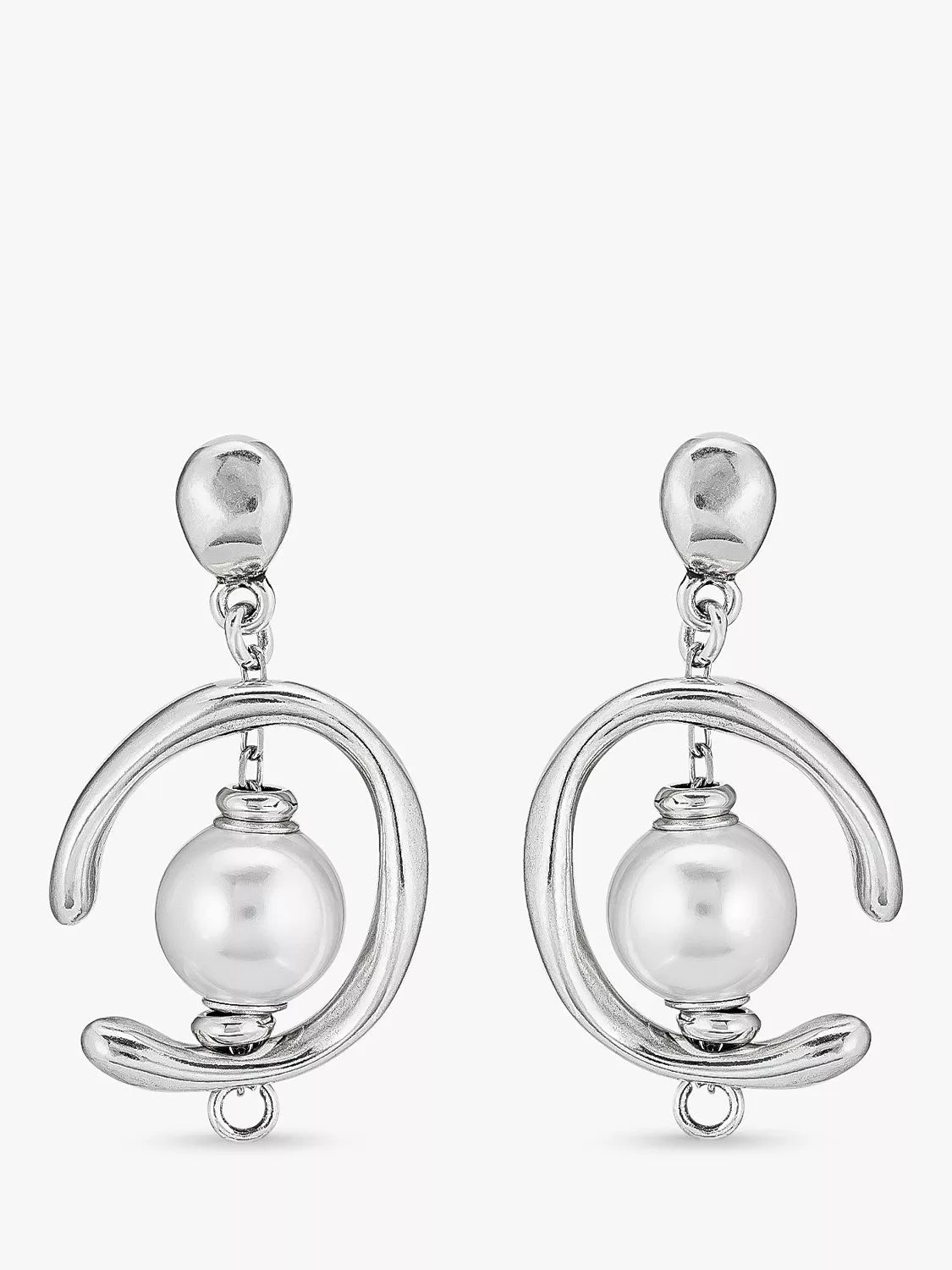 UNOde50 pearl asymmetric drop earrings in silver, imported from the UK