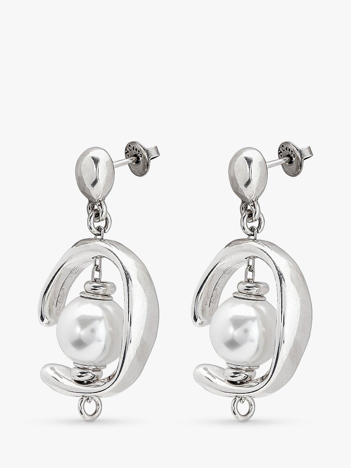 UNOde50 pearl asymmetric drop earrings in silver, imported from the UK