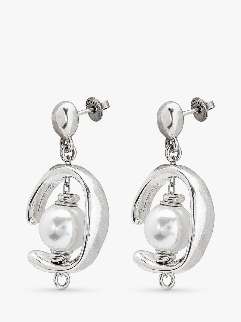 UNOde50 pearl asymmetric drop earrings in silver, imported from the UK