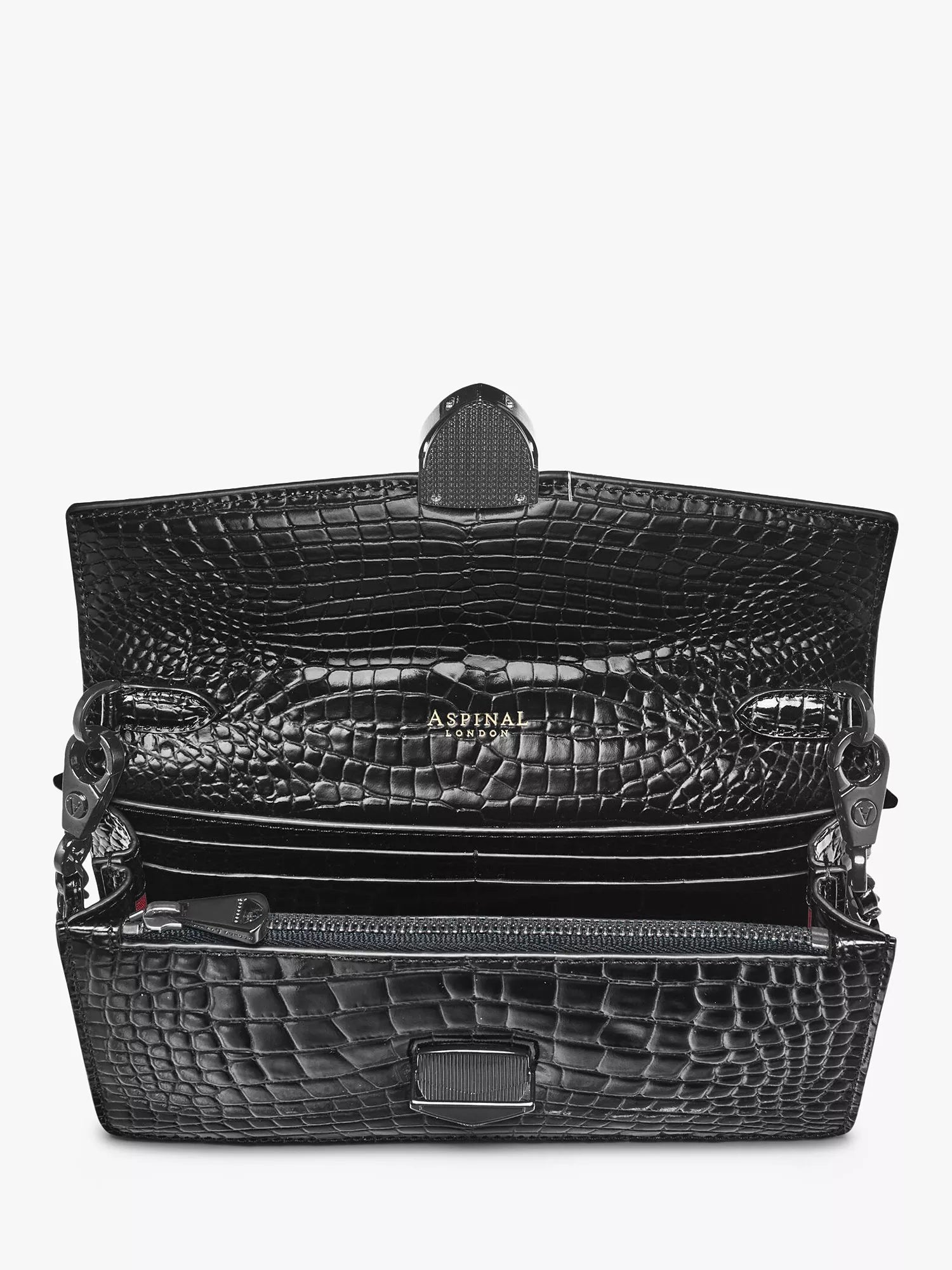 Aspinal of London Mayfair croc effect leather clutch bag, UK version