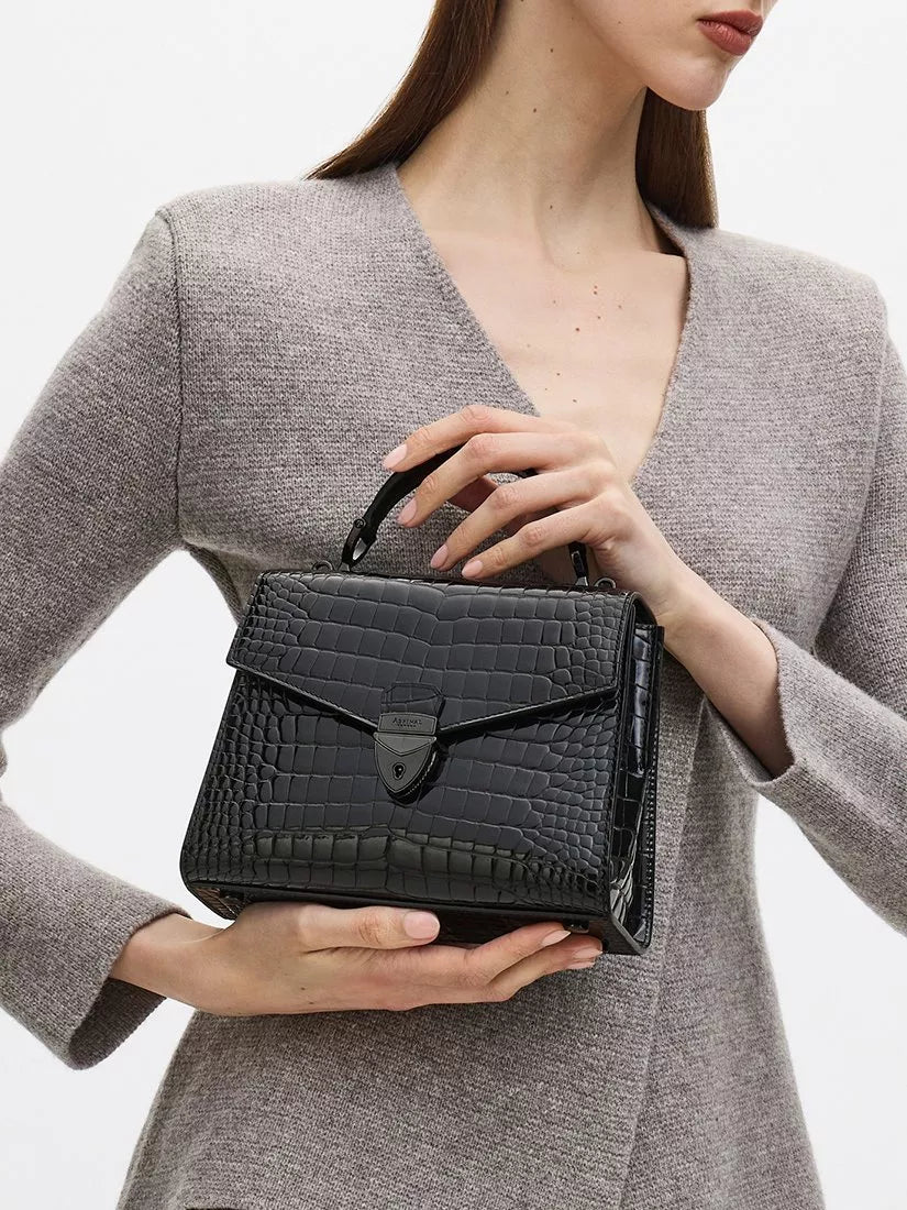Aspinal of London Midi Mayfair 2 croc leather crossbody bag in black (British brand)