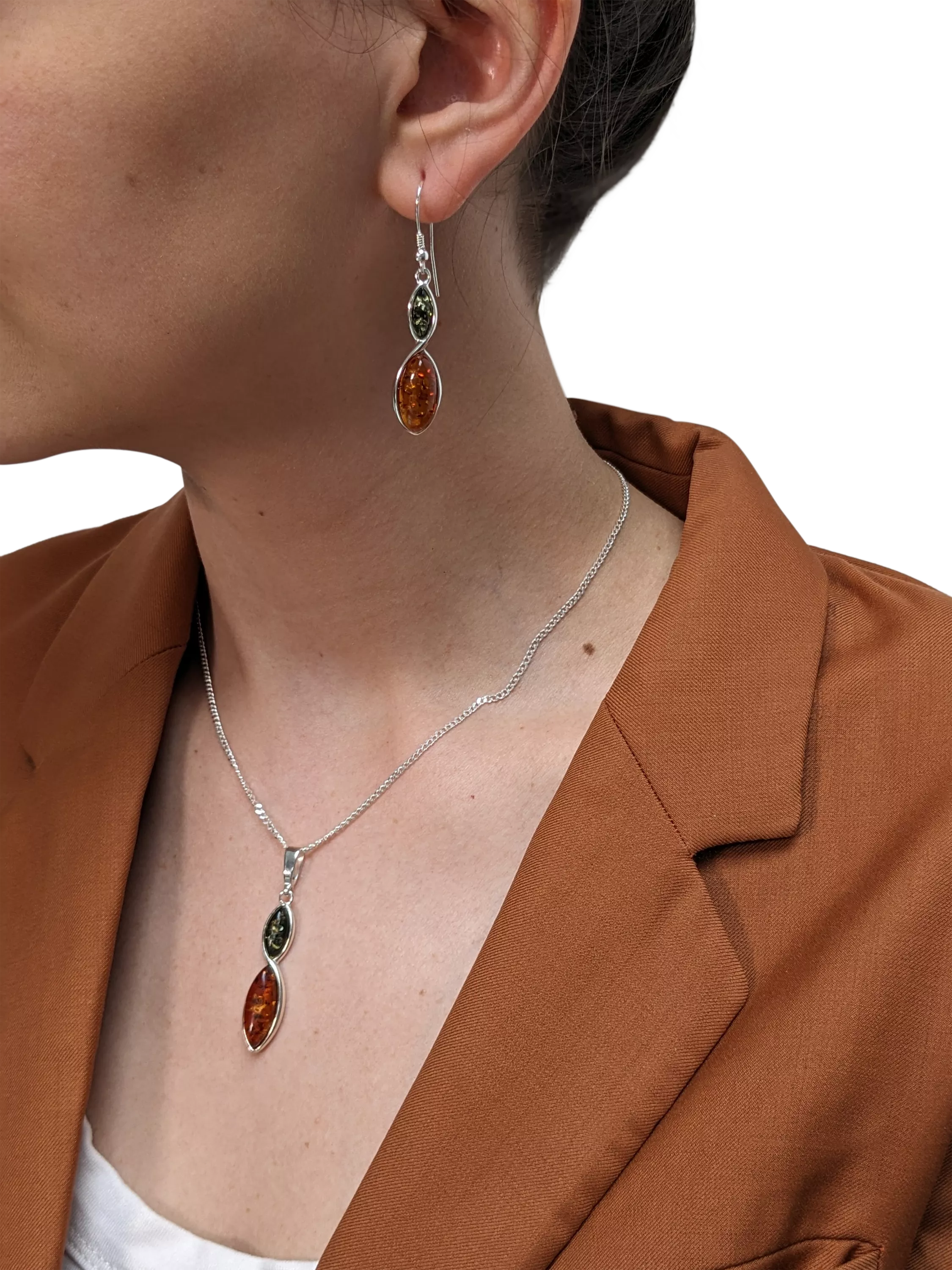 Be-Jewelled marquise cut amber drop earrings green cognac sterling silver - British product