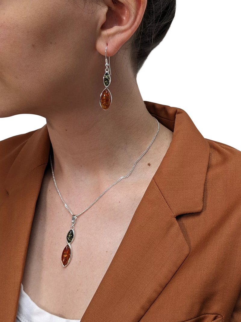 Be-Jewelled marquise cut amber drop earrings green cognac sterling silver - British product