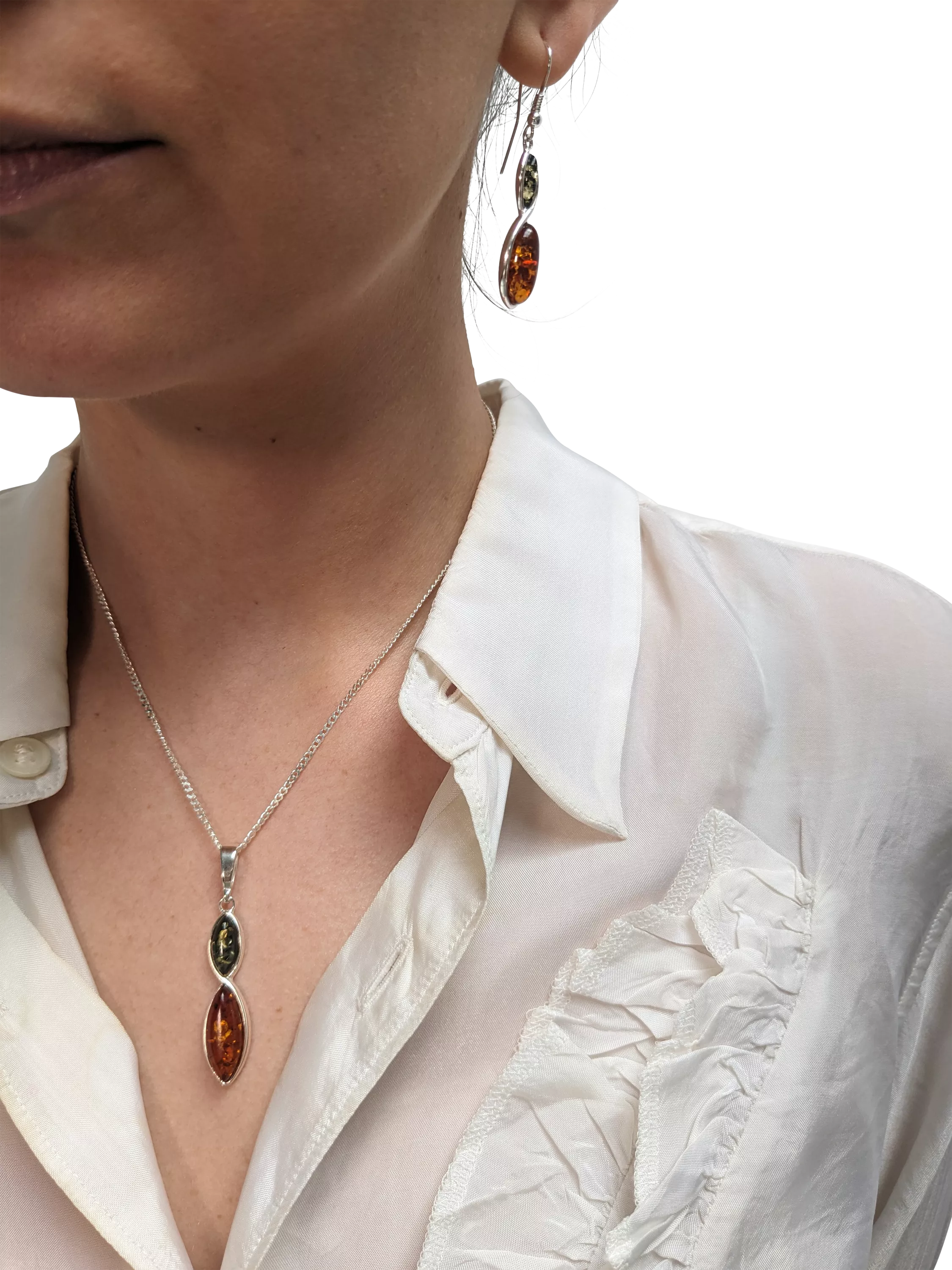 Be-Jewelled marquise cut amber drop earrings green cognac sterling silver - British product